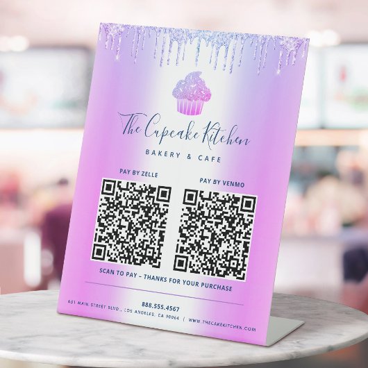 Signe De Table 2 Code QR Payer ici Cupcake Violet Pailleté Boulan