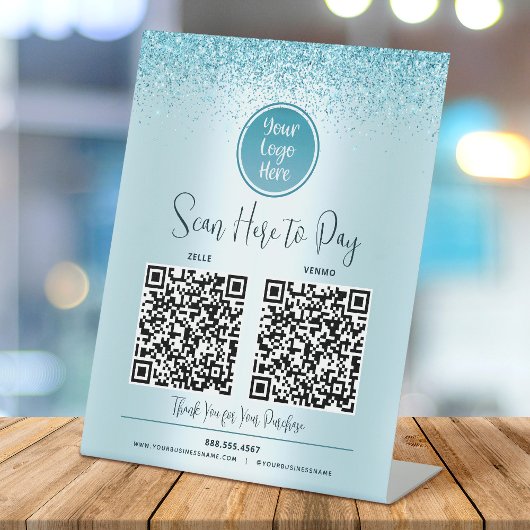 Signe De Table 2 Code QR Turquoise Paillettes Logo Personnalisé P