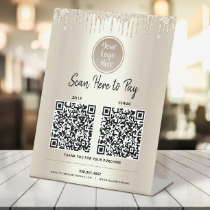 Signe De Table 2 codes QR Paiement ici gouttes de paillettes doré