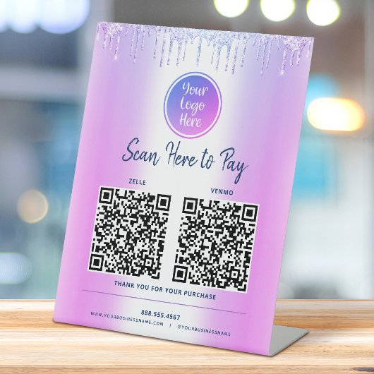 Signe De Table 2 codes QR Paiement ici Logo personnalisé Violet P