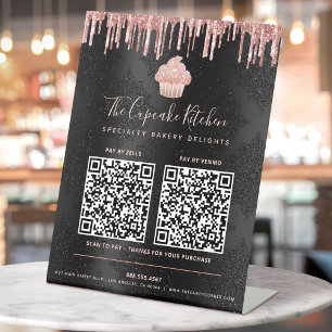 Signe De Table 2 Codes QR Payer ici Cupcake Rose Pailleté Noir