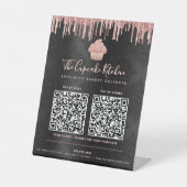 Signe De Table 2 Codes QR Payer ici Cupcake Rose Pailleté Noir (Recto)
