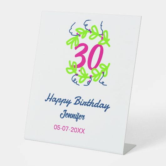 Signe De Table 30e anniversaire vert bleu couronne nom date rusti (Recto)