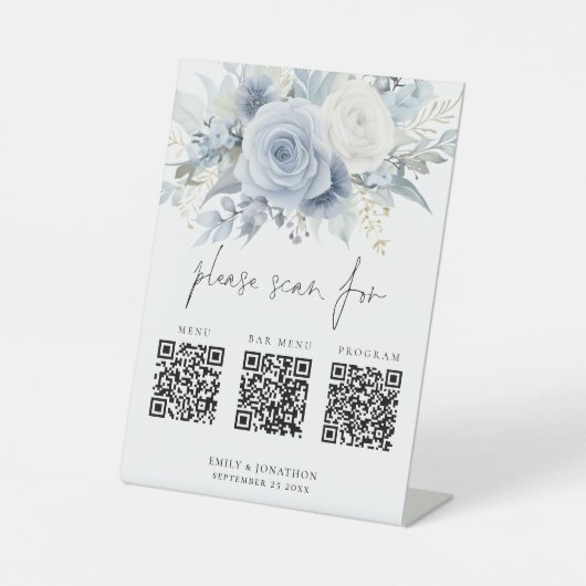 Signe De Table 3 Qr Codes Barre Menu Programme Floraux bleus Mari (Recto)