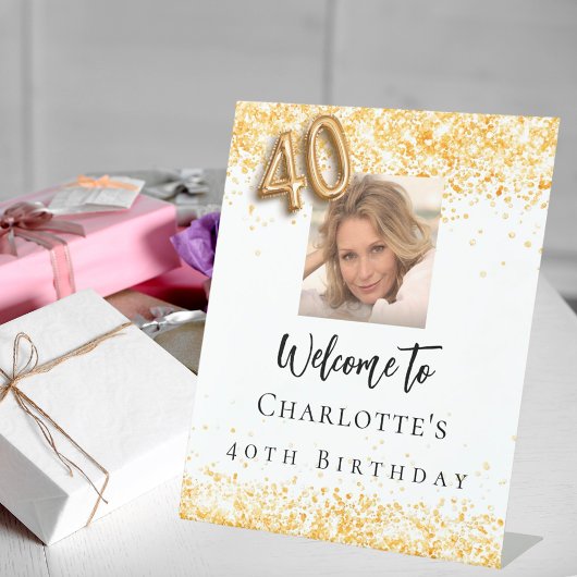 Signe De Table 40e anniversaire blanc or photo confetti bienvenue