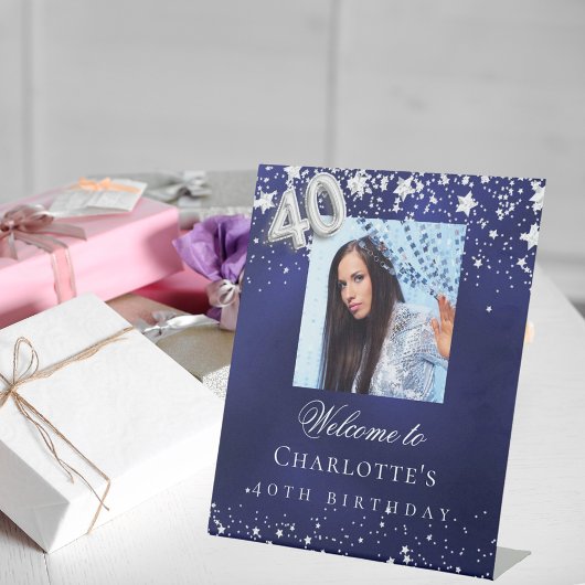 Signe De Table 40e anniversaire bleu argent étoiles photo bienven