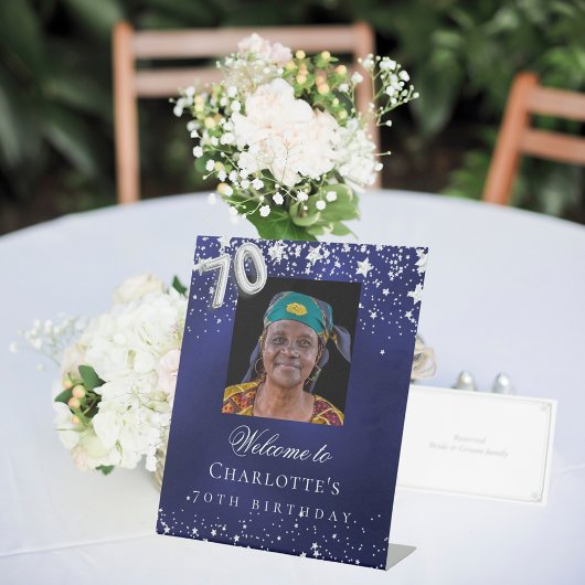 Signe De Table 70e anniversaire bleu argent étoiles photo bienven
