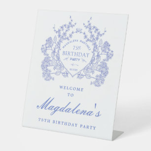 Signe De Table 75e anniversaire fête Blue Floral Crest Bienvenue