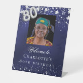 Signe De Table 80e anniversaire bleu argent étoiles photo bienven (Recto)
