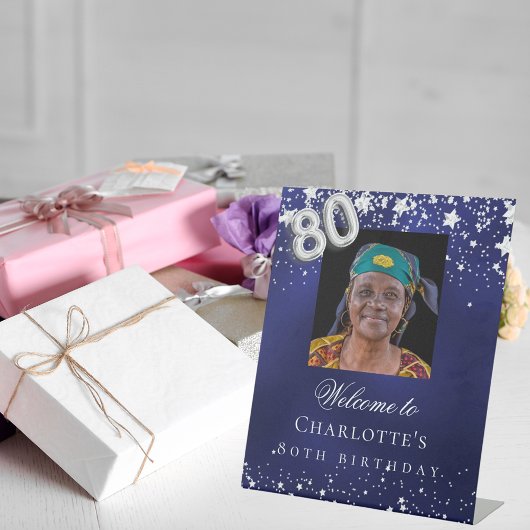Signe De Table 80e anniversaire bleu argent étoiles photo bienven