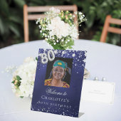 Signe De Table 80e anniversaire bleu argent étoiles photo bienven