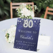 Signe De Table 80e anniversaire bleu argent stars bienvenue