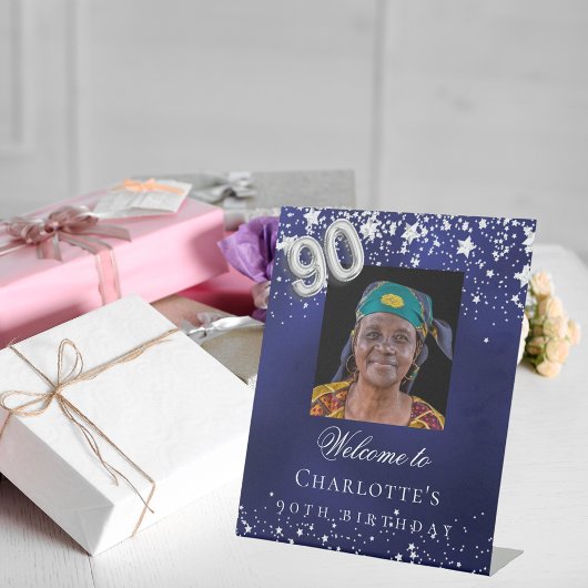 Signe De Table 90e anniversaire bleu argent étoiles photo bienven