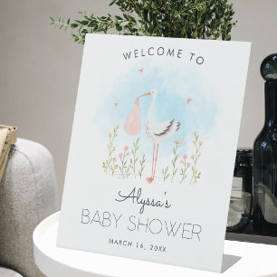 Signe De Table Accueil Baby shower de cigognes d'aquarelle mignon