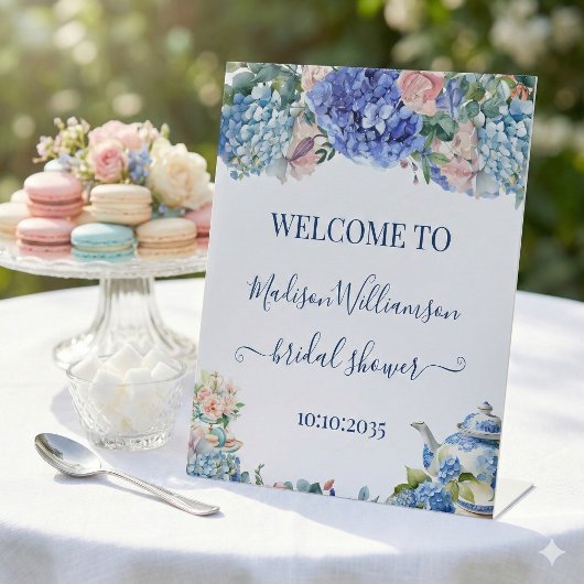 Signe De Table Accueil du thé de douche de mariage Hydrangea Bleu