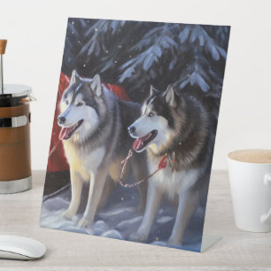 Signe De Table Alaskien Malamute Snowy Sleigh Ride Noël