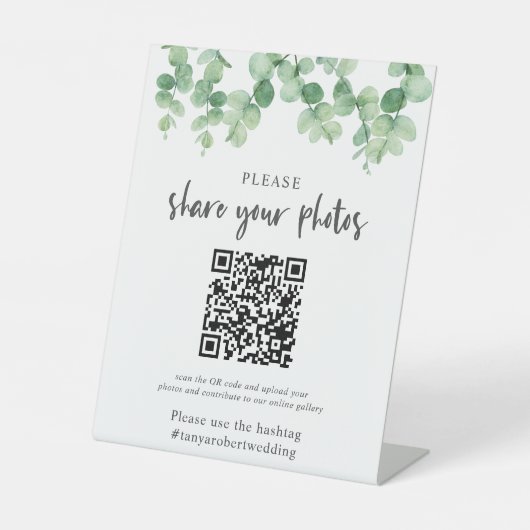 Signe De Table Album photo Mariage Eucalyptus QR Code Bienvenue (Recto)