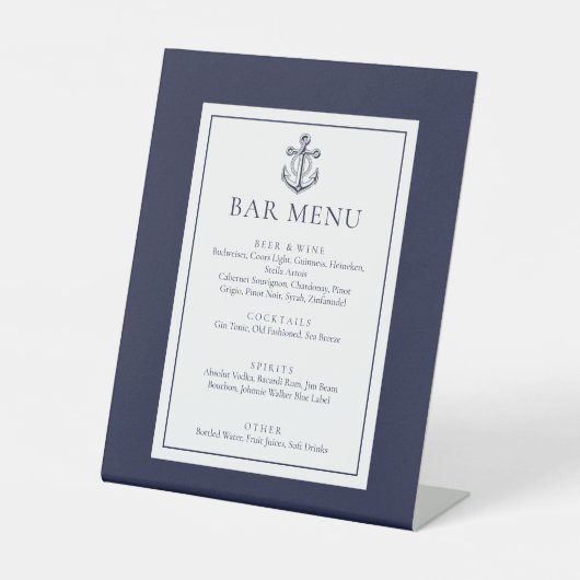 Signe De Table Ancre classique Marine Blue Bar Menu (Recto)