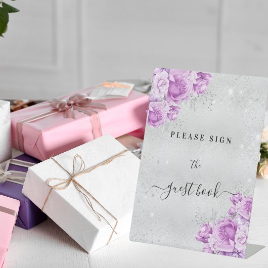 Signe De Table Anniversaire argent rose violet fleurs livre d'or