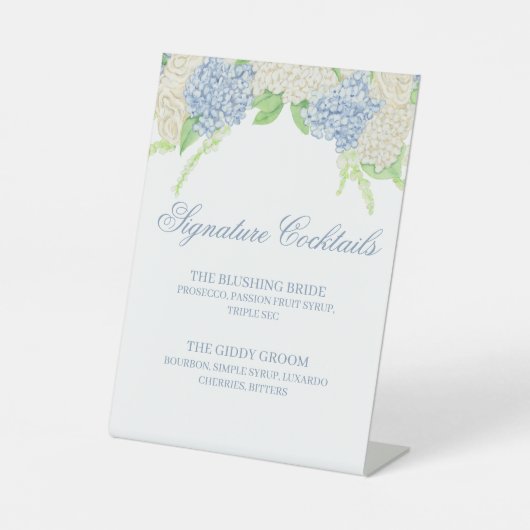 Signe De Table Aquarelle bleu et blanc Hydrangea Cocktail Menu (Recto)