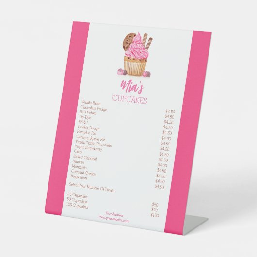 Signe De Table Aquarelle Cupcake Rose Avec Prix Boulangerie Cooki (Recto)