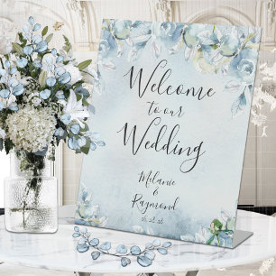 Signe De Table Aquarelle Florale Bleu Dusty Bienvenue Au Mariage