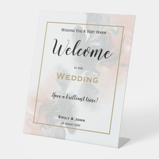 Signe De Table Aquarelle gris brun Peach Bienvenue au Mariage (Recto)