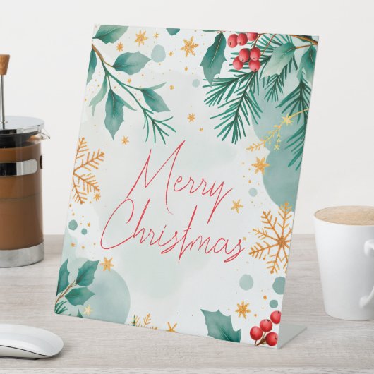 Signe De Table Aquarelle Joyeux Pedestal de Noël Signal - Feuille (In SItu)