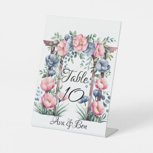 Signe De Table Aquarelle Mariage Arch rose et bleu fleurs (Recto)