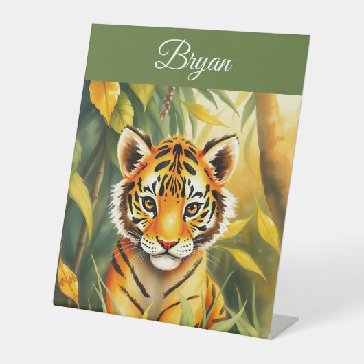 Signe De Table Aquarelle Orange et Vert Migner Tiger Nom des enfa (Recto)