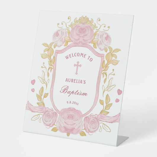 Signe De Table Aquarelle Rose Crest Baptême Bienvenue (Recto)