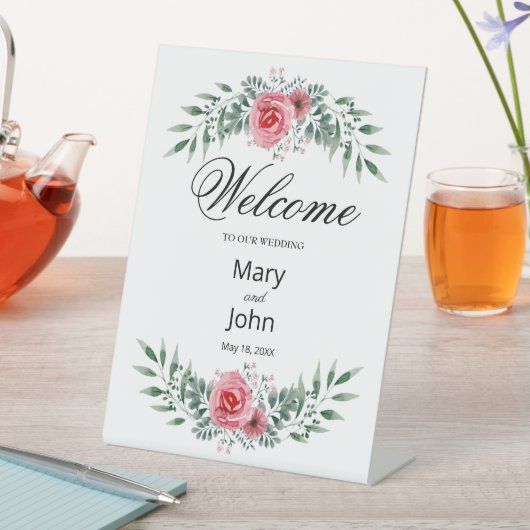 Signe De Table Aquarelle Rose Rose Vert Mariage de feuillage (In SItu)