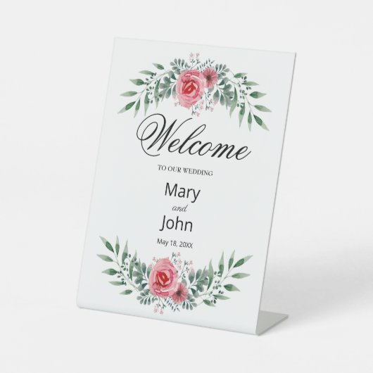 Signe De Table Aquarelle Rose Rose Vert Mariage de feuillage (Recto)