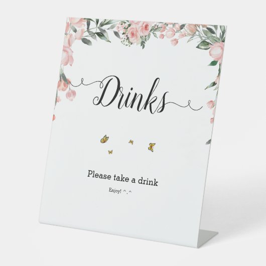 Signe De Table Aquarelle Roses roses avec papillons Boissons (Recto)