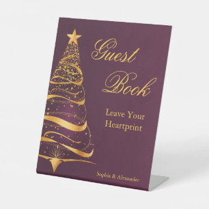 Signe De Table Arbre de Noël Doré Élégant Livre d'Or Mariage