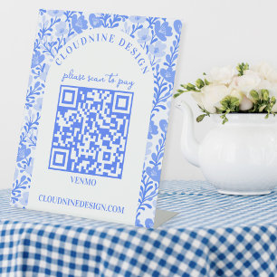 Signe De Table Arc Floral Bleu Blanc CODE QR PAIEMENT SCAN