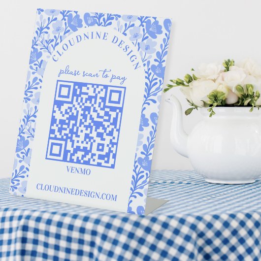 Signe De Table Arc Floral Bleu Blanc CODE QR PAIEMENT SCAN