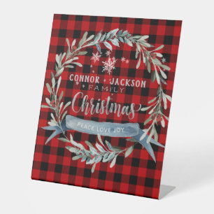 Signe De Table Argent et Buffalo rouge Plaid Family Christmas Wre