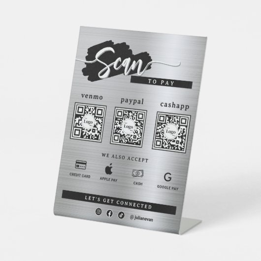Signe De Table Argent Métallique 3 Code Qr Scan To Pay Frosted (Recto)