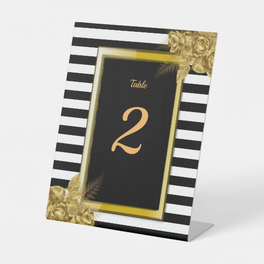 Signe De Table Art Déco, Gold Roses Stripes Mariage Numéro de tab (Recto)