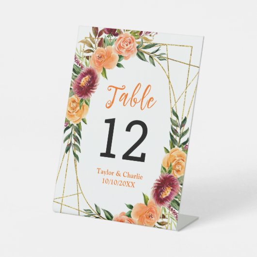 Signe De Table Automne Bourgogne Orange Floral Mariage Numéro de  (Recto)