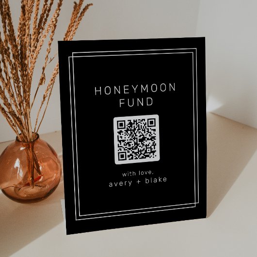 Signe De Table AVERS Black Modern QR Code Mariage Honeymoon Fund