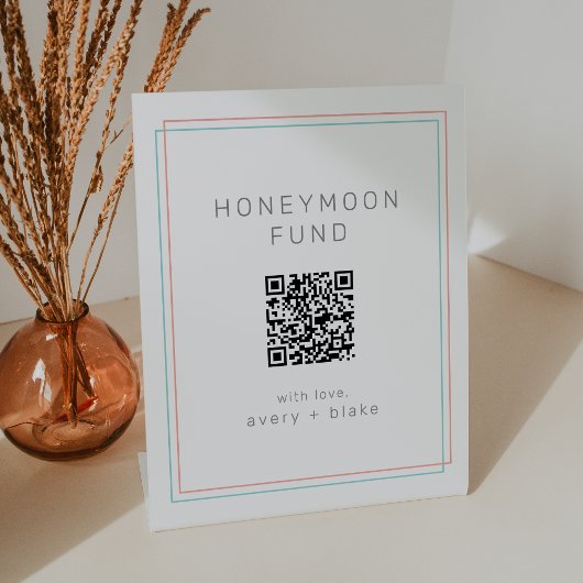 Signe De Table AVERT Coral Turquoise QR Code Mariage Honeymoon Fu