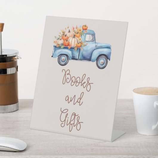 Signe De Table Baby shower Automne Bleu Citrouille Camion Livres (In SItu)