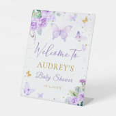 Signe De Table Baby shower Floral Papillon d'or violet Bienvenue (Recto)
