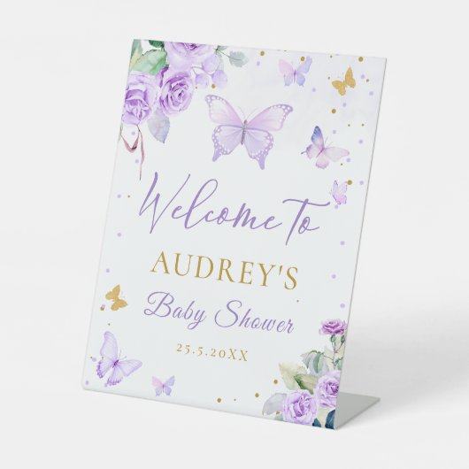 Signe De Table Baby shower Floral Papillon d'or violet Bienvenue (Recto)