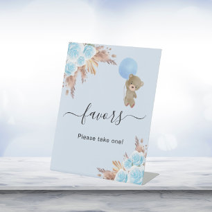 Signe De Table Baby shower ours en peluche bleu pampas herbe fave