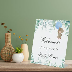 Signe De Table Baby shower ourson garçon forêt d'eucalyptus bleu