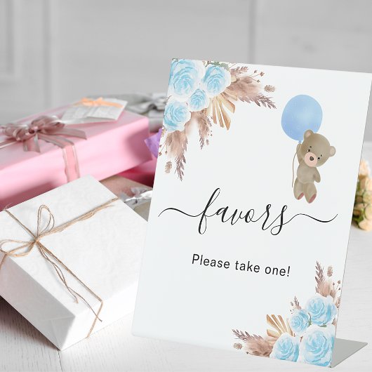 Signe De Table Baby shower pampas herbe bleu ours en peluche fave