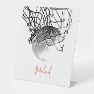 Signe De Table Ballon et filet de basket-ball noir et blanc Votre